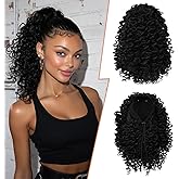 PEACOCO Curly Drawstring Ponytail for Black Women, 10 Inch Kinky Curly Ponytail Extension Synthetic Short Afro Puff Ponytail Hairpieces Black (1B)