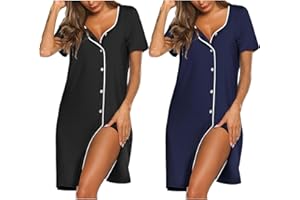 Ekouaer 2 Pack Nightgowns for Women Button Sleepshirt Short Sleeve V Neck Nightshirt Soft Sleepwear Lounge Dress S-XXXL