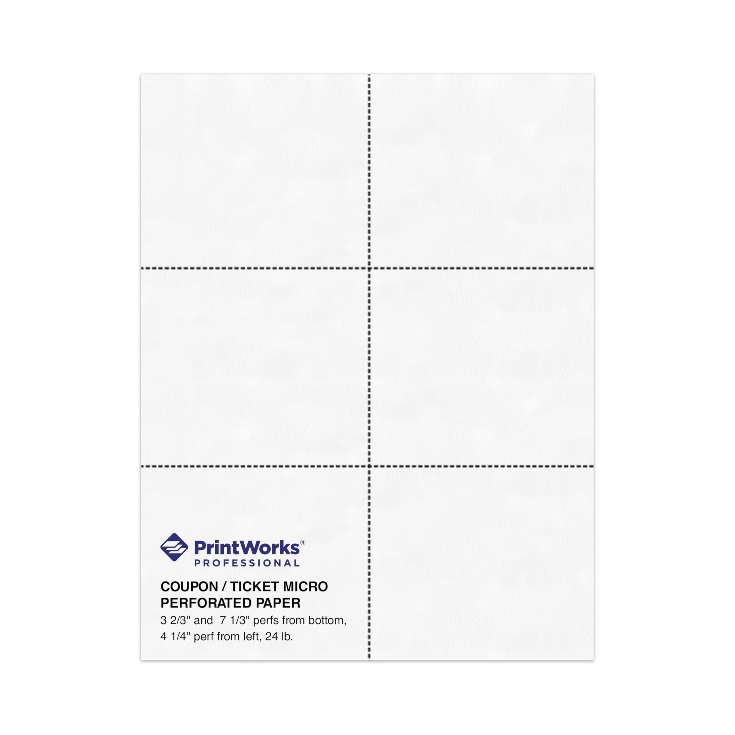 PrintWorks Professional Perforated Paper for Tickets, Coupons, Certificates and More, 8.5 x 11, 24 lb, 3 Perfs - 3 2/3" and 7 1/3" from Bottom & 4 1/4" from Left, 500 Sheets, White (04334)