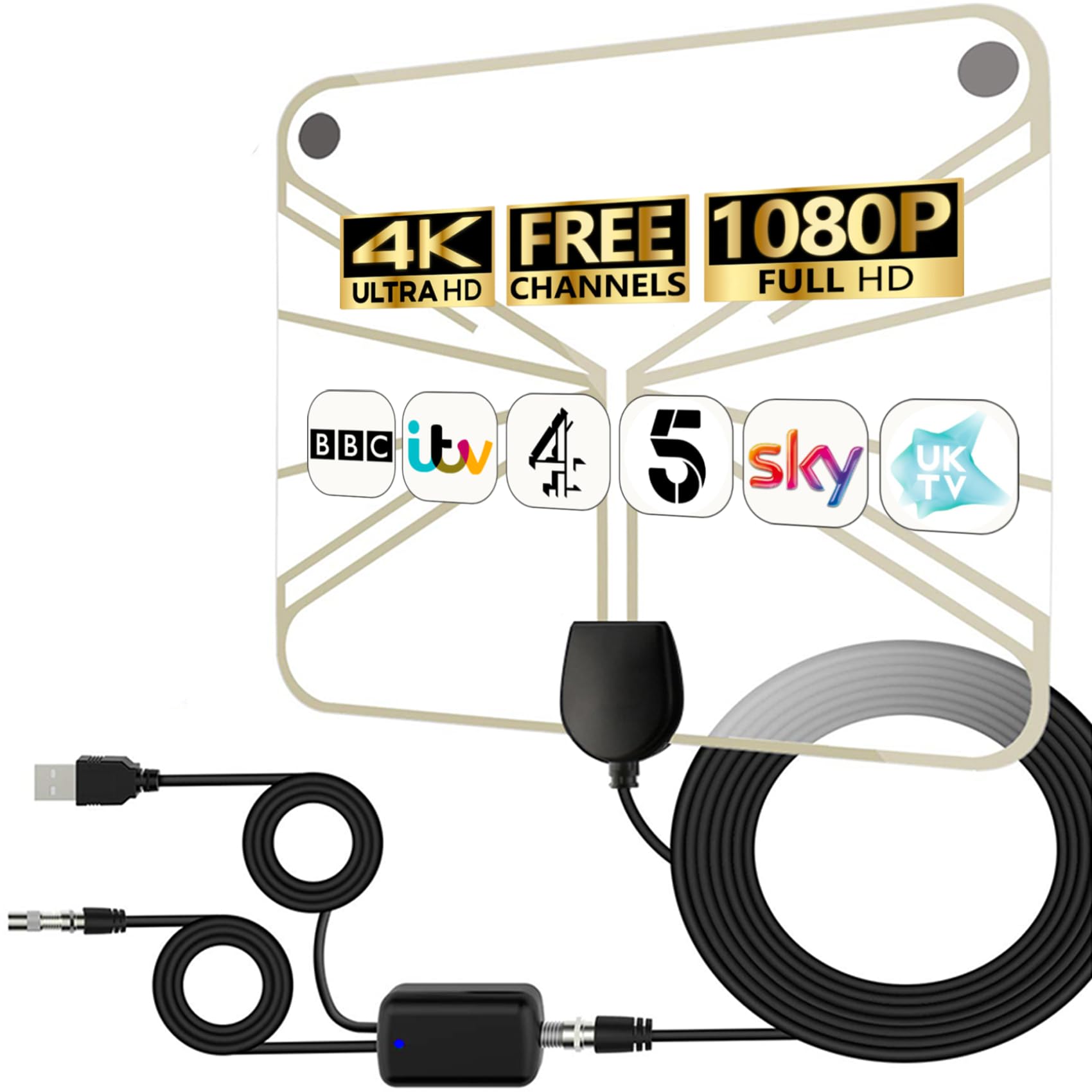 TV Aerial with Signal Booster - 4K HD Digital Indoor Antenna for Local Channels - 360° Long Reception Support for All TV Types