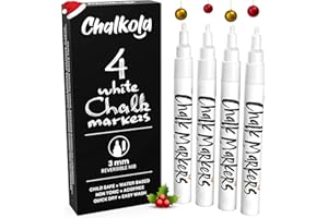 CHALKOLA White Chalk Markers Fine Tip (4 Pack 3mm) - Wet & Dry Erase Chalk Pens for Blackboard, Chalkboards, Windows, Signs, Glass, Bistro - 3mm Reversible Bullet & Chisel Point