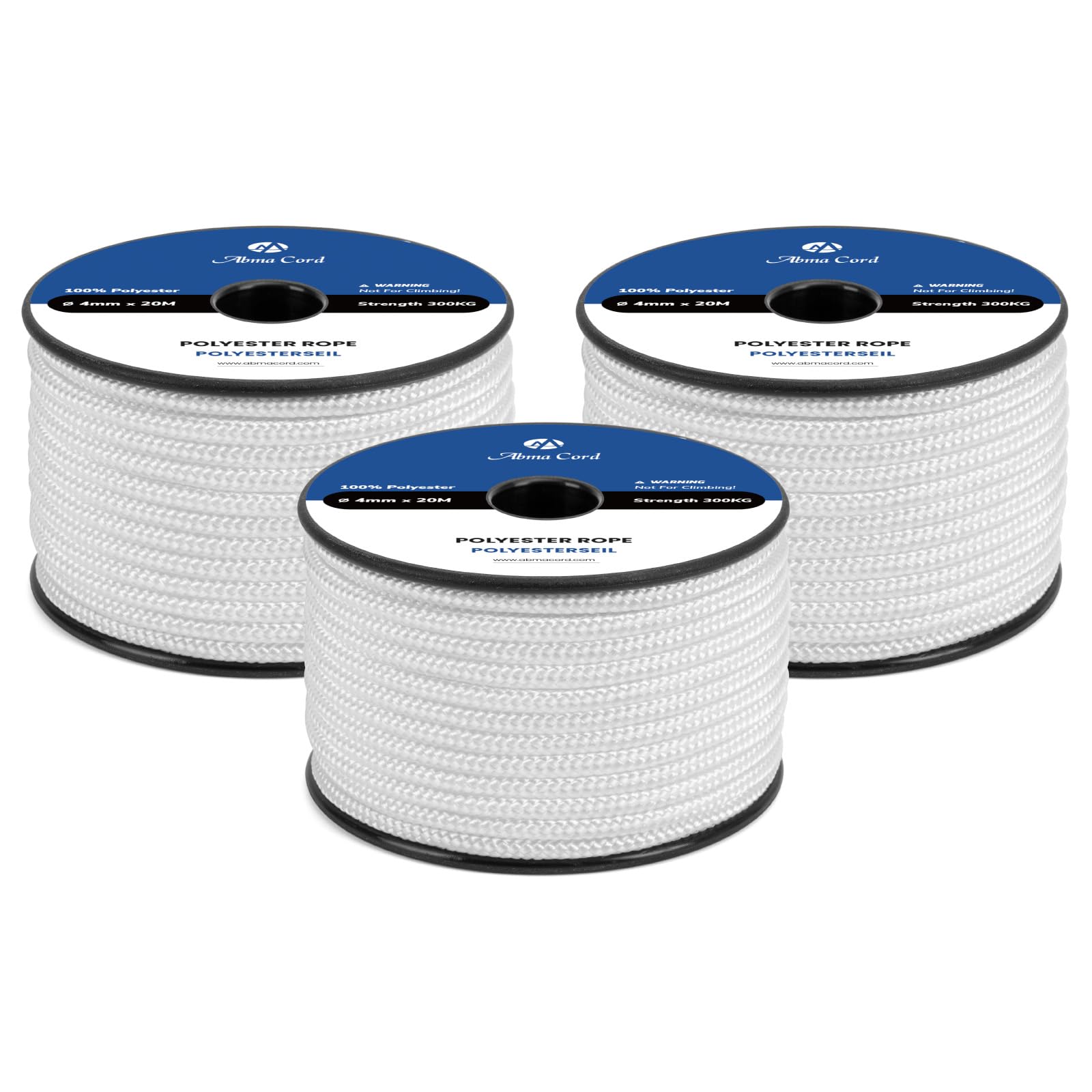 Abma Cord Polyester Cord 4mm x 20m Braid Polyester Rope, White - Heavy Duty & Low Stretch - High UV & Abrasion Resistance