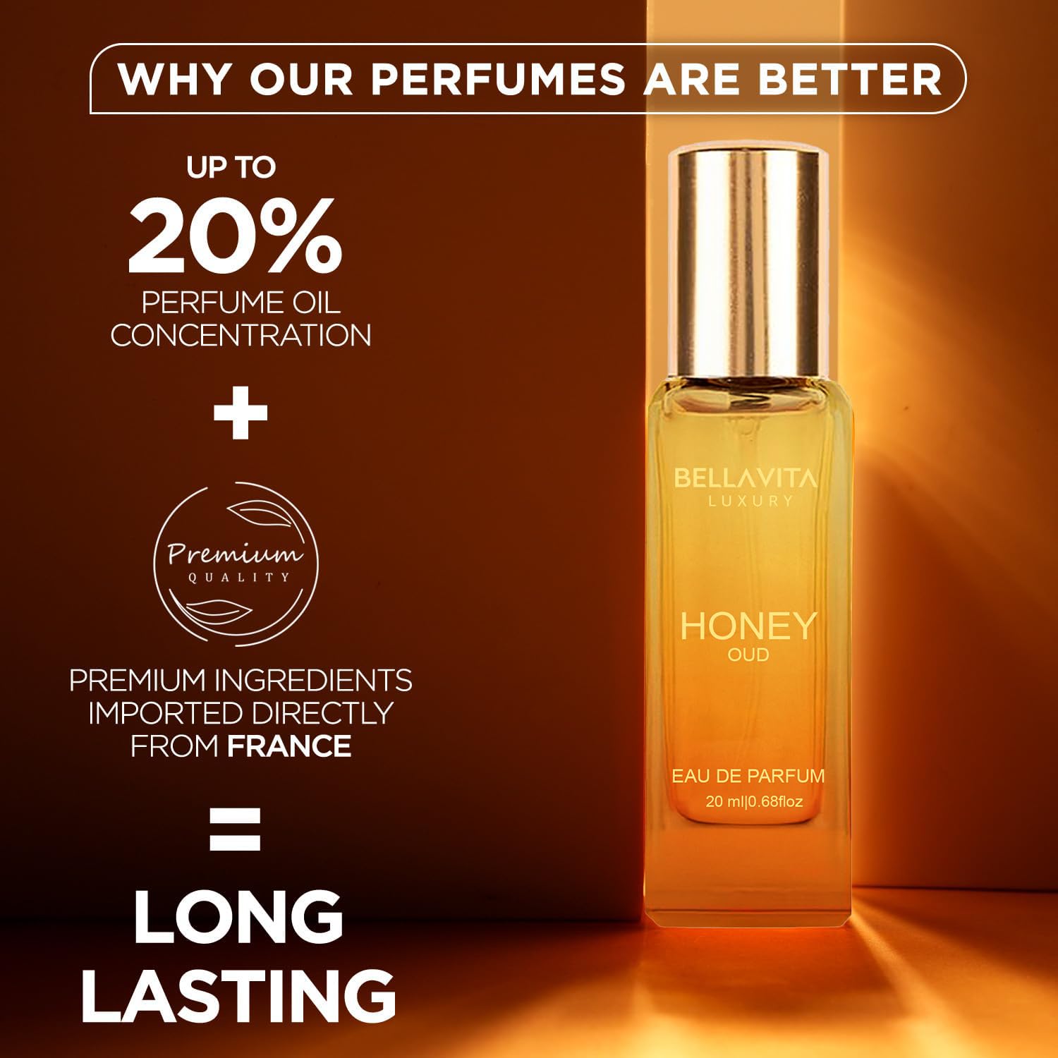 BellaVita Luxury Honey OUD Eau de Parfum Travel Size Edition 20 ml | Long-Lasting Mini Perfumes for Women | Notes: Patchouli, Vanilla, Bergamot & Spicy Notes | Pocket Perfume for Women | Vegan Perfume