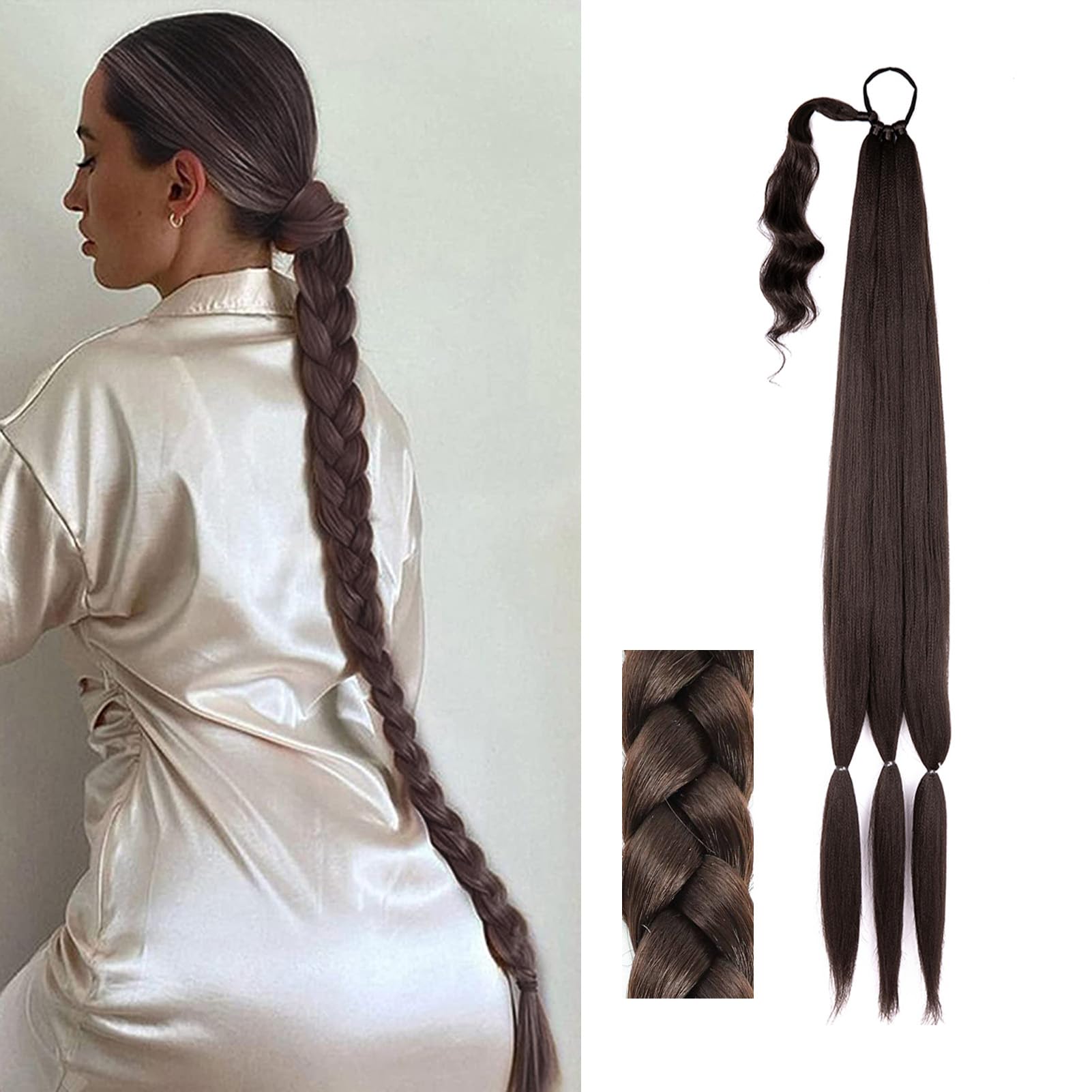 32inch Long Braid Ponytail Extension Straight Sleek Wrap Around Braid Hair Extensions Ponytail Synthetic Hair Pieces for Women Girls (Black Brown) — image 1