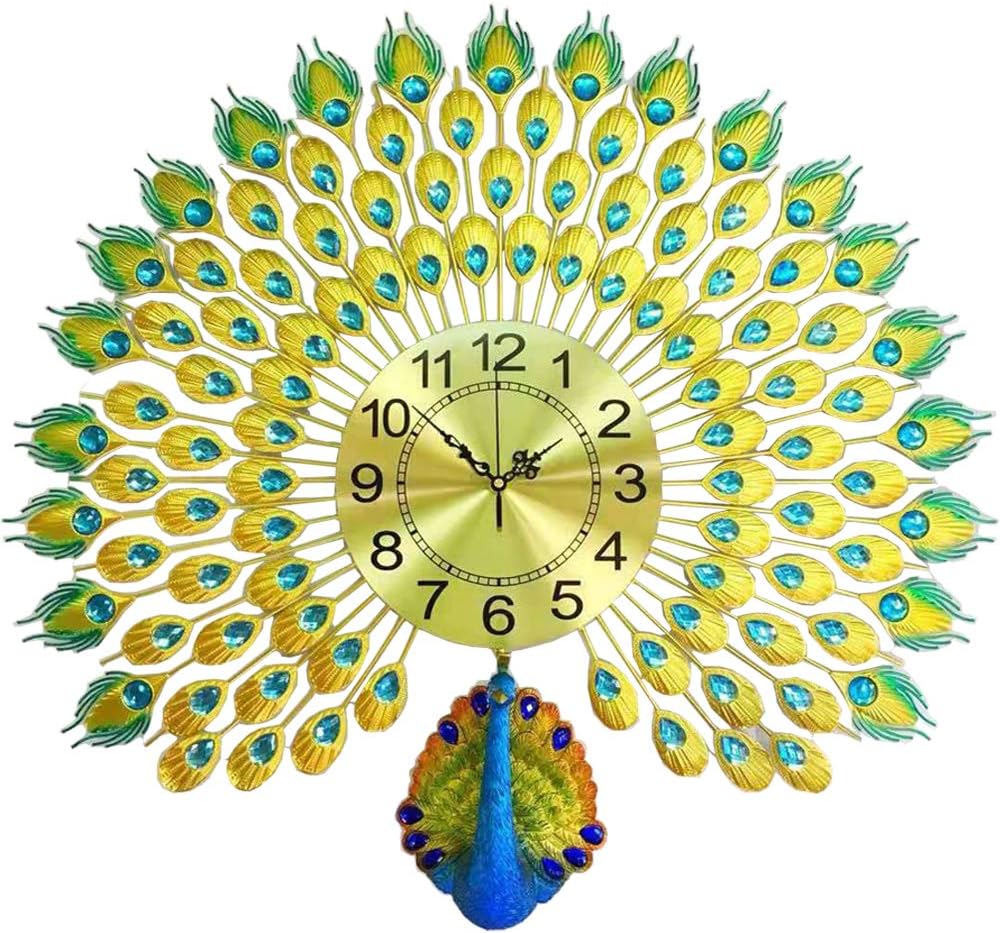 RONTENO Metal 3D Peacock Wall Clock (Gold Blue_70 x 70 cm)