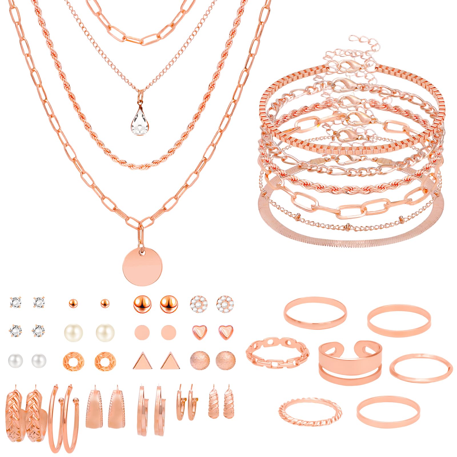 NEWITIN 33 Pieces Gold Jewelry Set for Women Fashion Costume Jewelry Gold Plated Necklace Bracelet Ring Earrings Set for Women