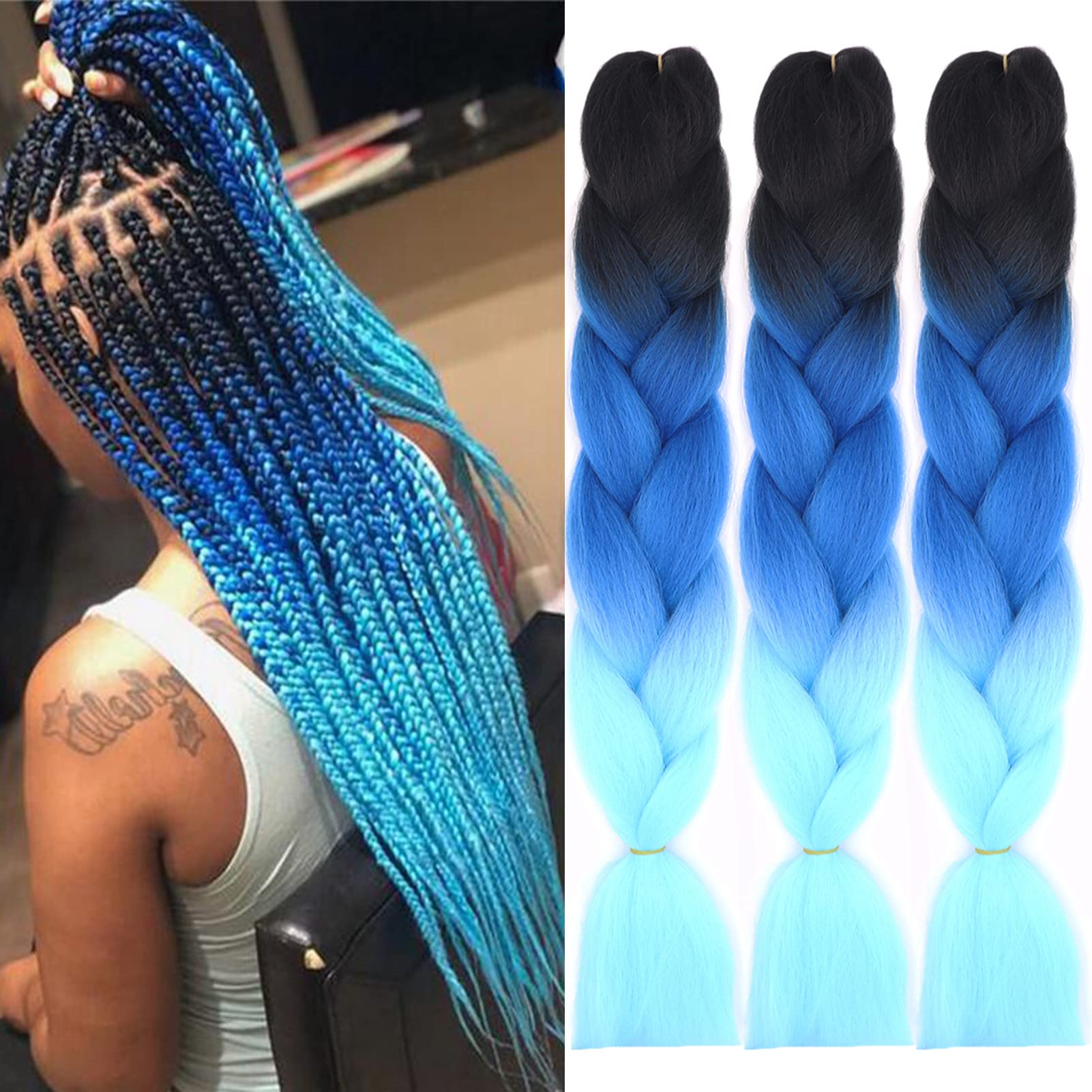 Cybelleza 24" 3PCS Ombre Jumbo Braids Hair Extensions Synthetic Jumbo Braiding Hair Crochet Twist Braid Hairpiece,Black/Sapphire/Sky blue