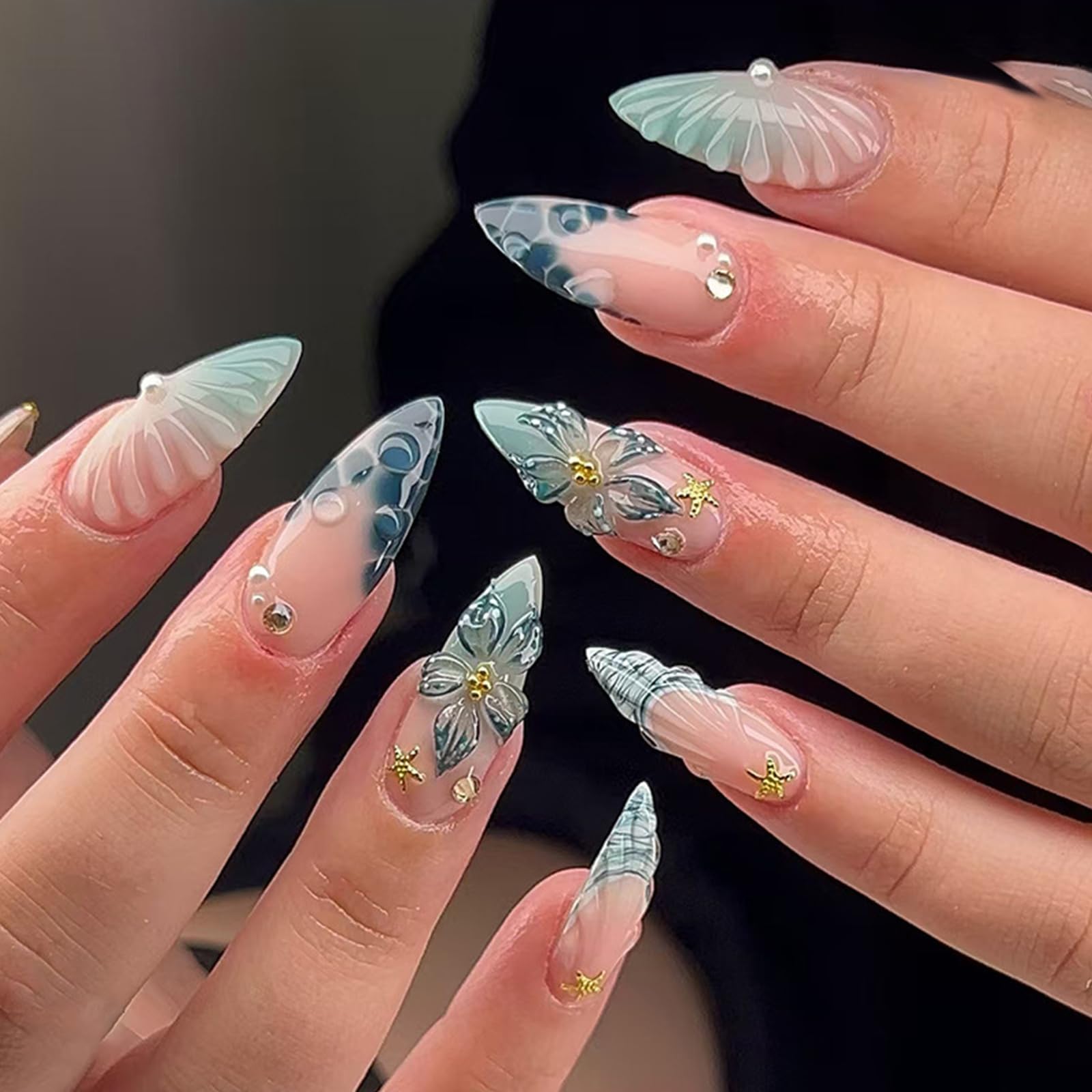 Photo 1 of 24Pcs Blue French Tip Press on Nails Medium Almond Fake Nails with Gold Seashell Designs 3D Flower Pearl Rhinestones Acrylic Stick on Nails Summer False Nail Tips Glue on Nail for Women