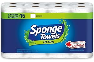 SpongeTowels Ultra Paper Towel, Double Sided Strength, 8 Double Rolls = 16 Regular Rolls