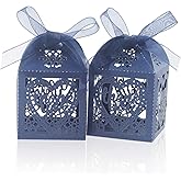 COTOPHER Laser Cut Boxes, 100pcs Thank You Gift Boxes Wedding Party Favor Boxes Lace Candy Boxes for Wedding Bridal Shower Baby Shower Birthday Party Decorations with Ribbons (2x2x2.75inch, Navy, 100)