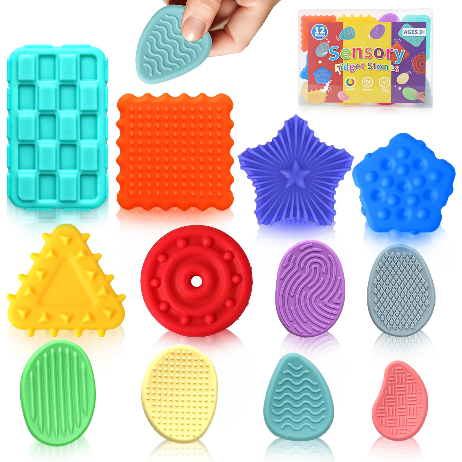 ddLUCK 12 Pack Sensory Fidget Toys for Autism, Silicone Textured Worry Stone for ADHD Stress Anxiety Relief, Travel School Small Fidgets Stones Play Toys for Kids Adults with Plastic Box