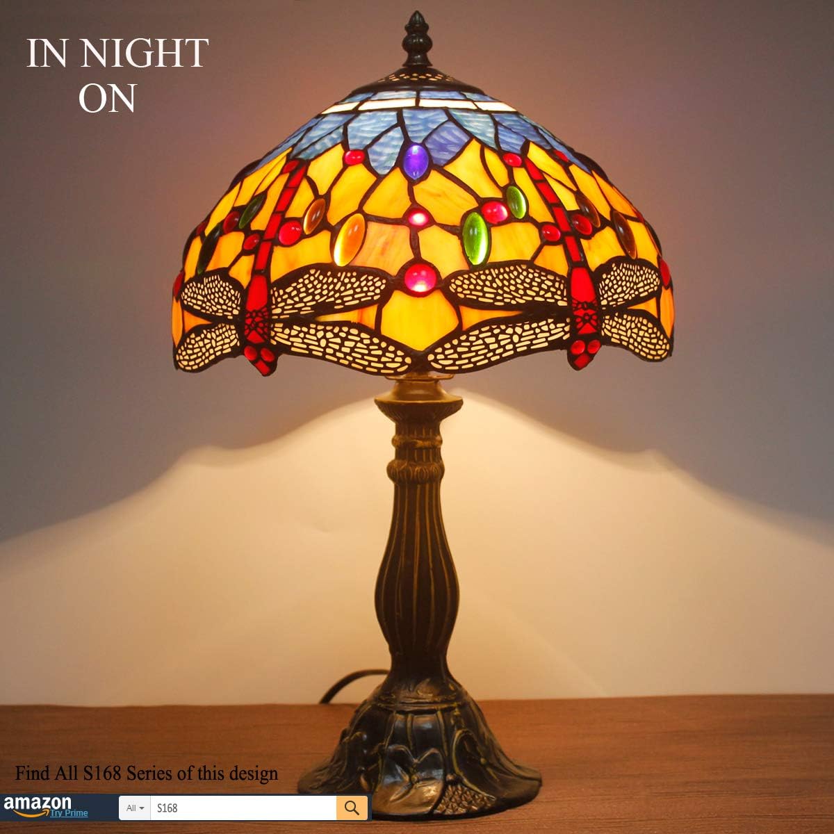 WERFACTORY Tiffany Lamp Stained Glass Bedside Table Lamp Orange Blue Dragonfly Style Reading Desk Light 12X12X18 Inches Decor Bedroom Living Room Home Office S168 Series - Image 4