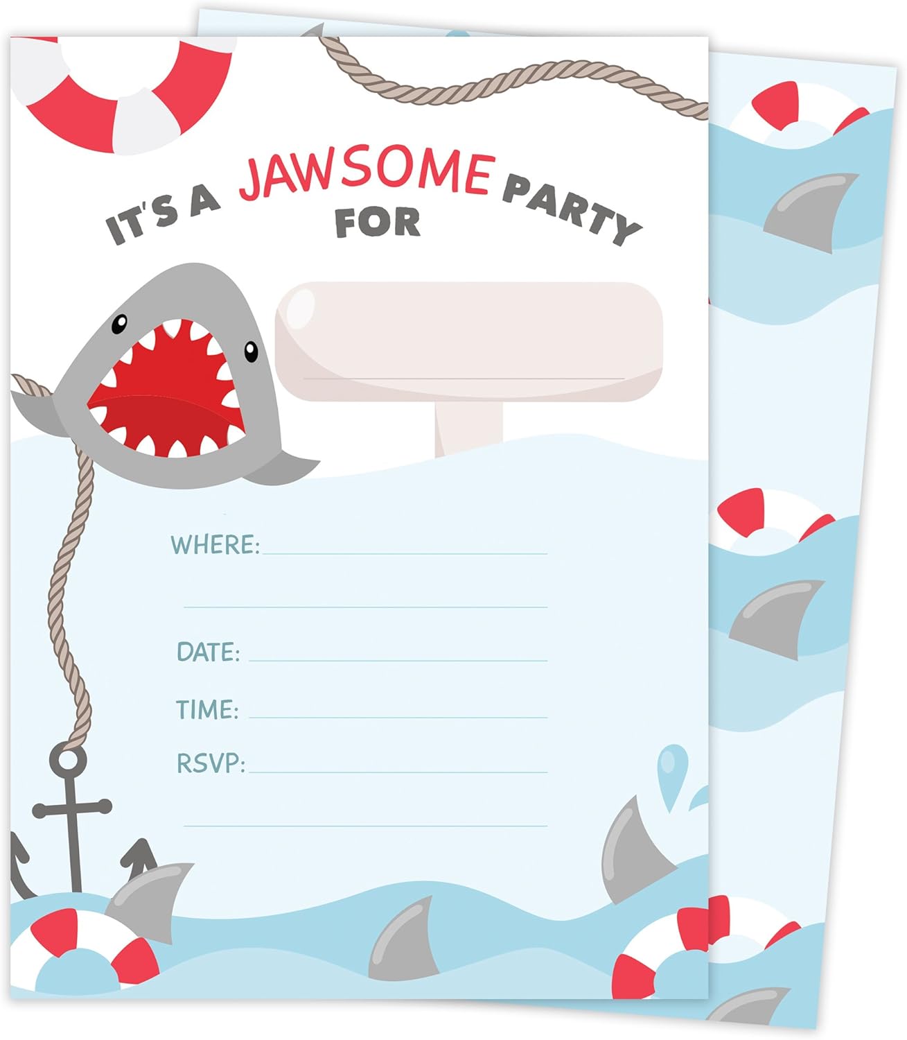 Shark Style 2 Happy Birthday Invitations Invite Cards (25 Count) With Envelopes and Seal Stickers Vinyl Boys Girls Kids Party (25ct)