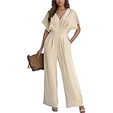 CUPSHE Womens Wide Leg Jumpsuits V-Neck Batwing Short Sleeve Summer Long Rompe Casual Outfit Pocket