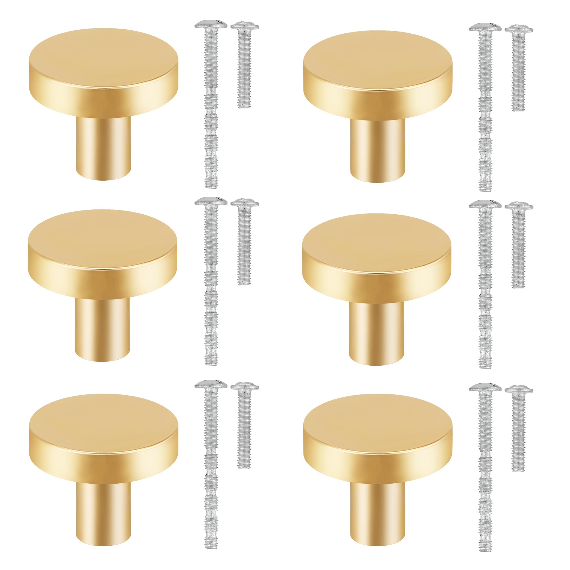 CVIUYO 6 Pcs 30mm Round Cabinet Knobs, Gold Drawer Pulls, Kitchen Door Handles, Stainless Steel Single Hole Hardware with Screws for Cupboard, Wardrobe Decor