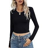 LINDLOOK Women's Long Sleeve Crewneck Crop Top Sexy Slim Fitted Cotton T Shirt