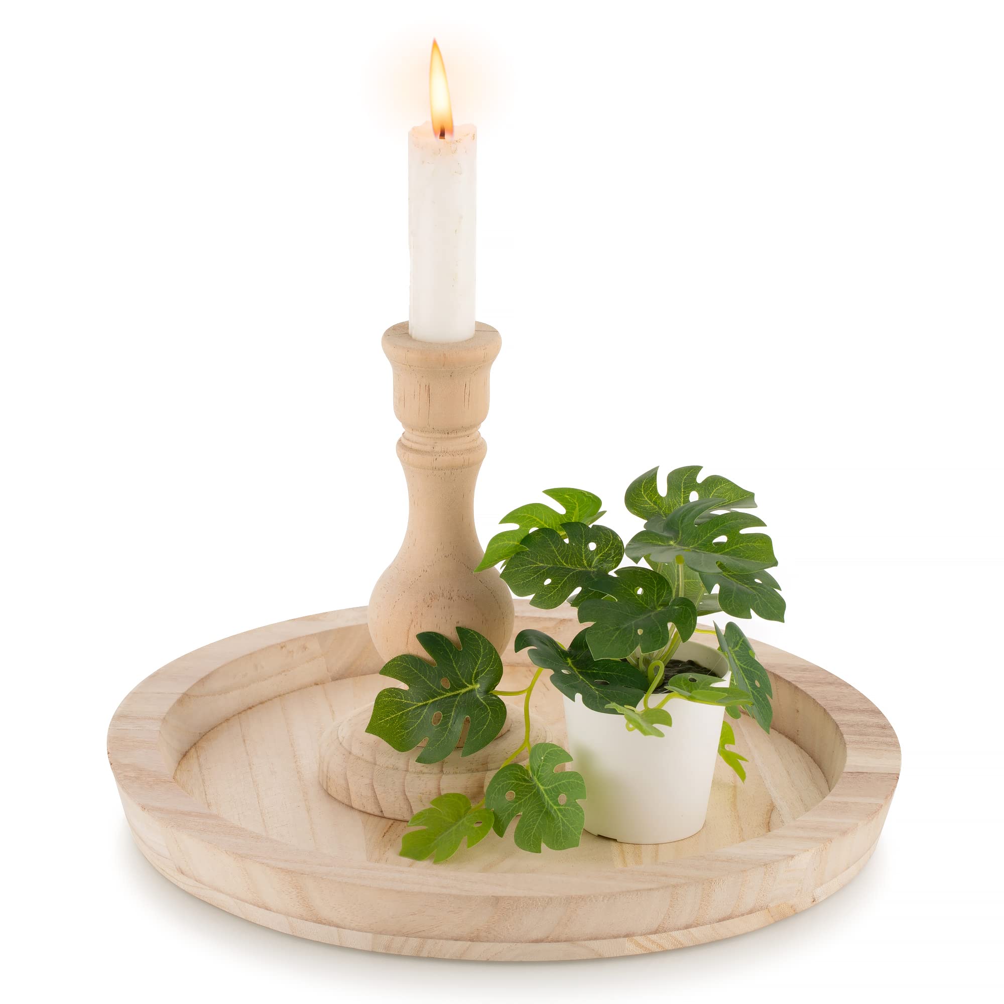 Hanobe Round Wood Decorative Tray: Unfinished Wooden Craft Trays DIY Ottoman Serving Tray Centerpiece Candle Holder Trays for Kitchen Countertop Crafts Art Home Decor Montessori Activity — image 1