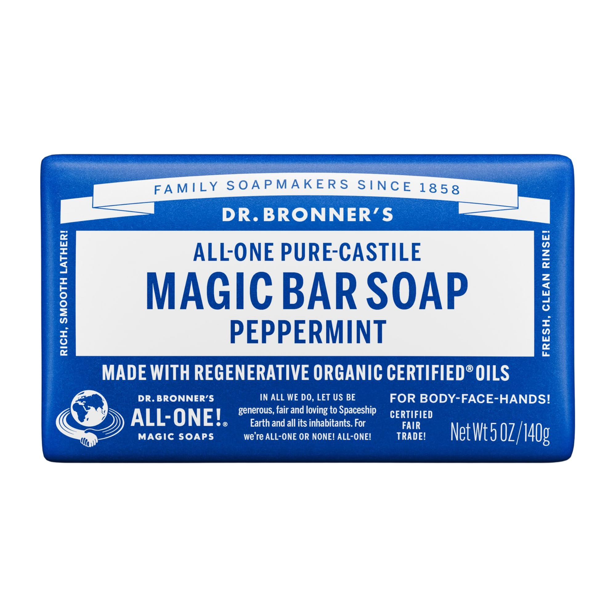 Dr Bronner's Peppermint Pure-Castile Bar Soap, Made with Organic Oils with Certified Fairtrade Ingredients, Used for Body, Face and Hair, Vegan Friendly, 140g Bar