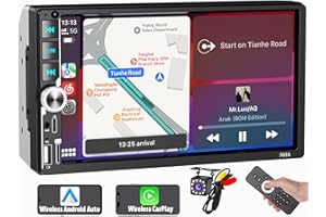 MINYE Wireless CarPlay/Android Auto, Double Din Car Stereo with FM/AM/RDS Radio, 7 Inch 1204*600 LCD Touchscreen, Type-C Fast Charge, Phone Screen Projection, Bluetooth Handsfree, Waterproof Backup Camera