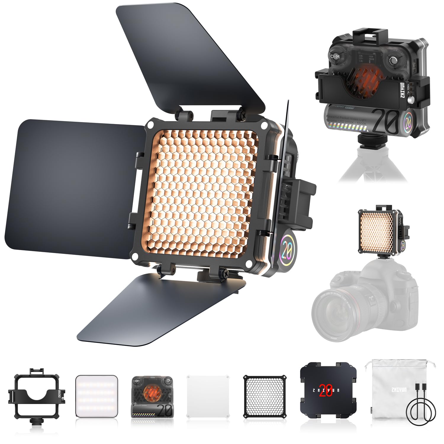 Video Light, ZHIYUN FIVERAY M20 Combo [Official] 20W Camera Light Dimmable, Portable LED Panel Light Rechargeable with Extension Bracket, Modifier Pack for Youtube, 2700K-6500K, 2010Lux, TLCI 97+