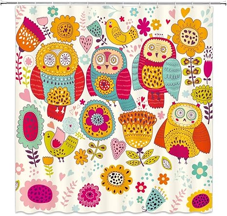 Amazon Qdylm かわいいフクロウシャワーカーテンカラフルな漫画フクロウ花の装飾の子供の生地の浴室のカーテン フック付き防水ポリエステル72x72インチ シャワーカーテン ホーム キッチン オンライン通販