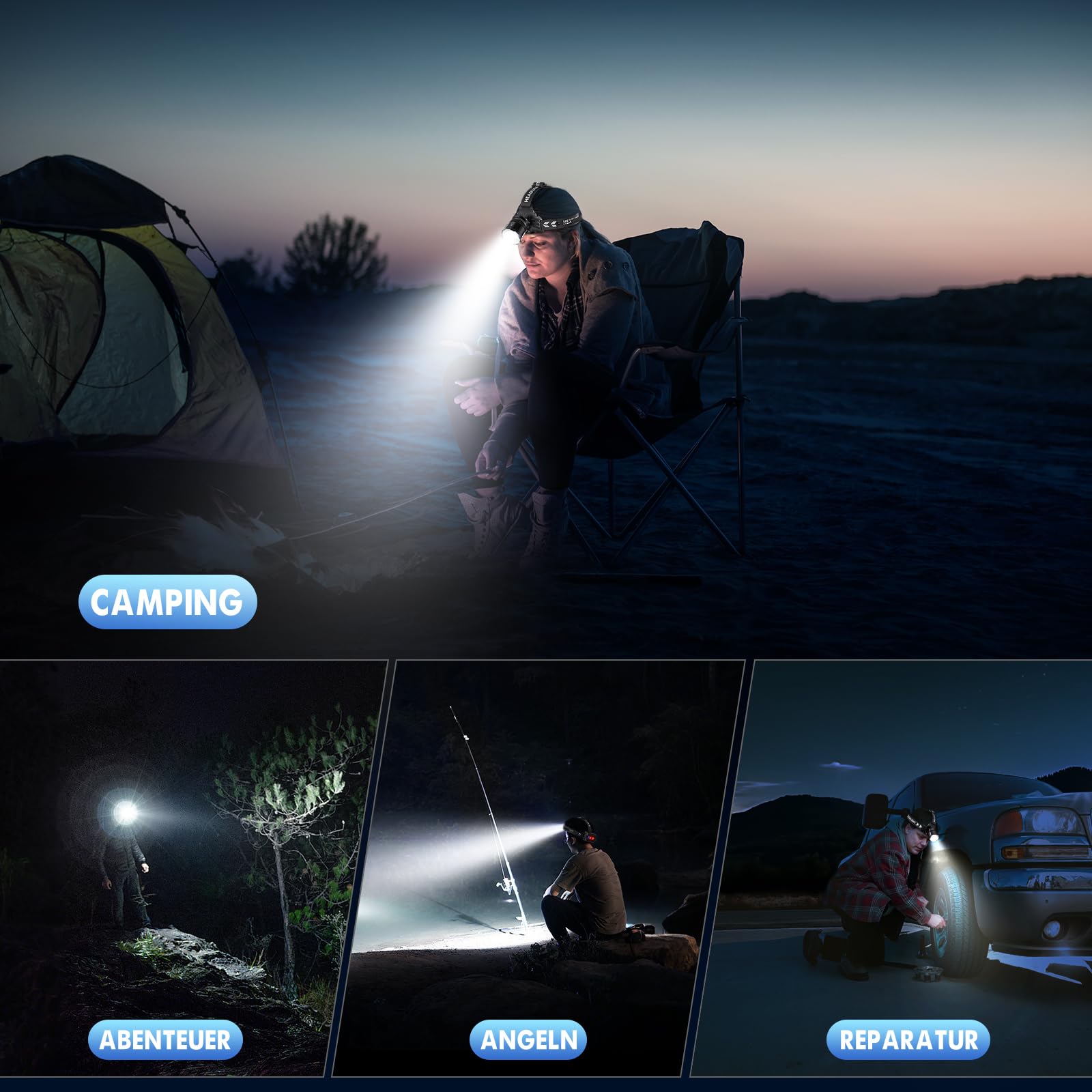 SWZA Stirnlampe LED Wiederaufladbar, Superhelle 120000 Lumen Kopflampe mit 9000mAh Akku, Stirnlampen mit 5 Lichtmodi & Rücklicht, Stirnlampe Joggen für Camping Outdoor Hundespaziergänge 7