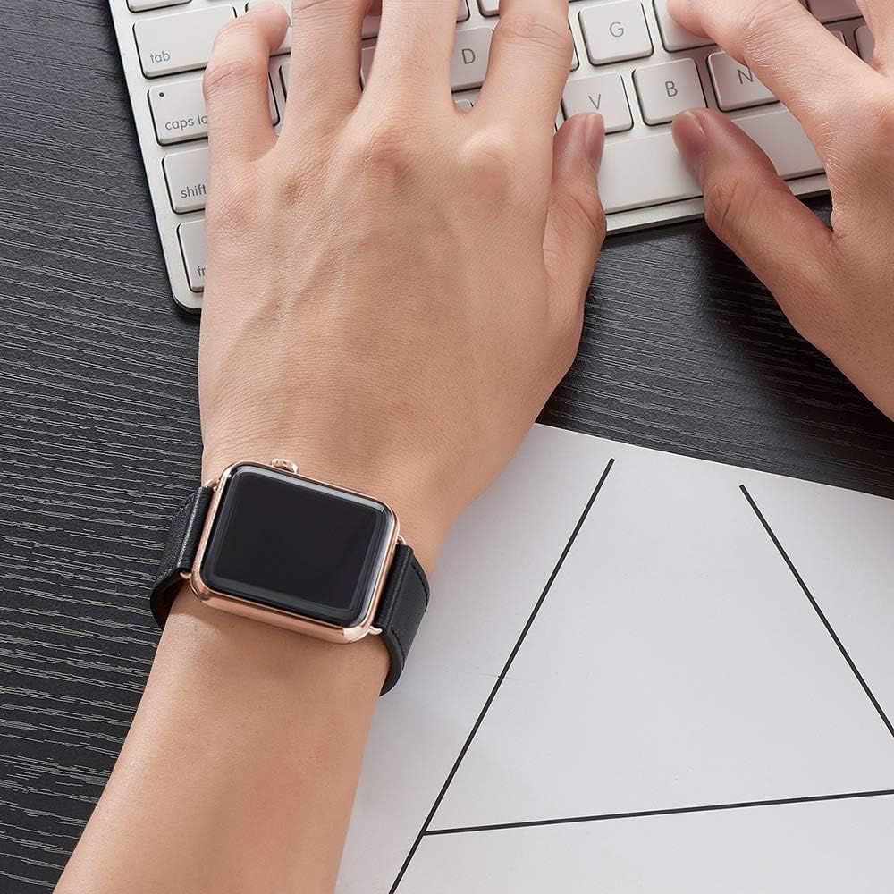 POWER PRIMACY Bands Compatible with Apple Watch Band 38mm 40mm 42mm 44mm, Top Grain Leather Smart Watch Strap Compatible for Men Women iWatch Series 6 5 4 3 2 1,SE (Black/Rosegold, 38mm/40mm)