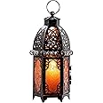 DECORKEY Vintage Large Size Decorative Moroccan Candle Lantern, 12.8’’ Metal Hanging&Tabletop Lantern Candle Holder Decor, Halloween Christmas Ramadan Decorations for Home Indoor Outdoor Patio (Amber)