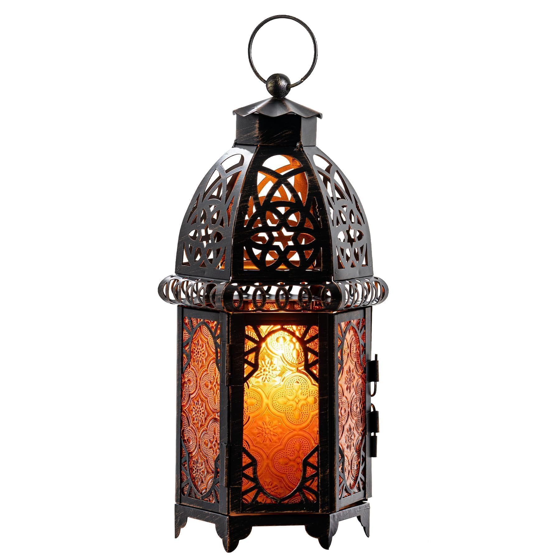 Photo 1 of DECORKEY Vintage Large Size Decorative Moroccan Candle Lantern, 12.8’’ Metal Hanging&Tabletop Lantern Candle Holder Decor, Halloween Christmas Ramadan Decorations for Home Indoor Outdoor Patio (Amber)
