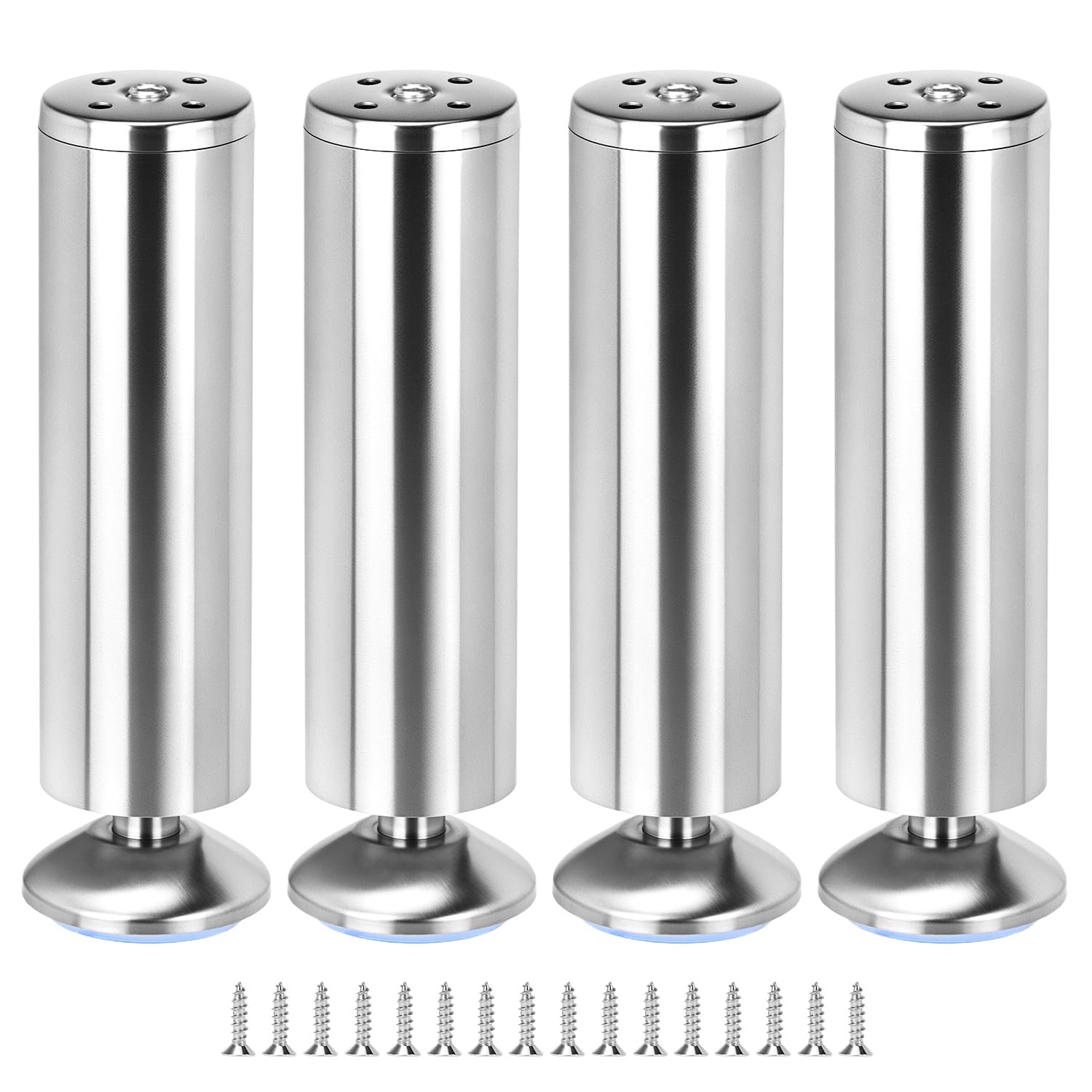 QWORK® 4 Pack 8” Furniture Legs 20x6cm, Adjustable 0-10mm, Stainless Steel Furniture Feet with Rubber Pad for Sofa Bed Table Cabinet