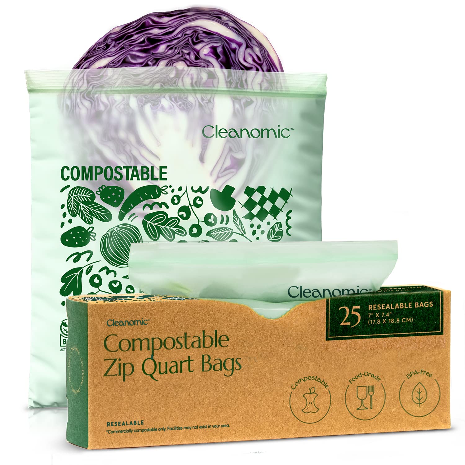 Photo 1 of Cleanomic Compostable* Quart Size Food Storage Bags (25 Eco Zip) Freezer and Leak Proof, Also Available Gallon, Snack and Sandwich Size Bags