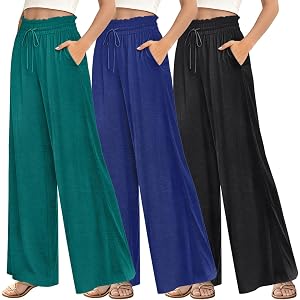 BOHOWE 3 Pack Wide Leg Pants for Women Palazzo Elastic Drawstring Trousers | Wide Leg Palazzo Pants, Elastic High Waist, Flow