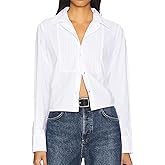 SUNNOW Women's White Boxy Cropped Tuxedo Button Up Shirt Long Sleeve Blouse Dressy Casual Tops