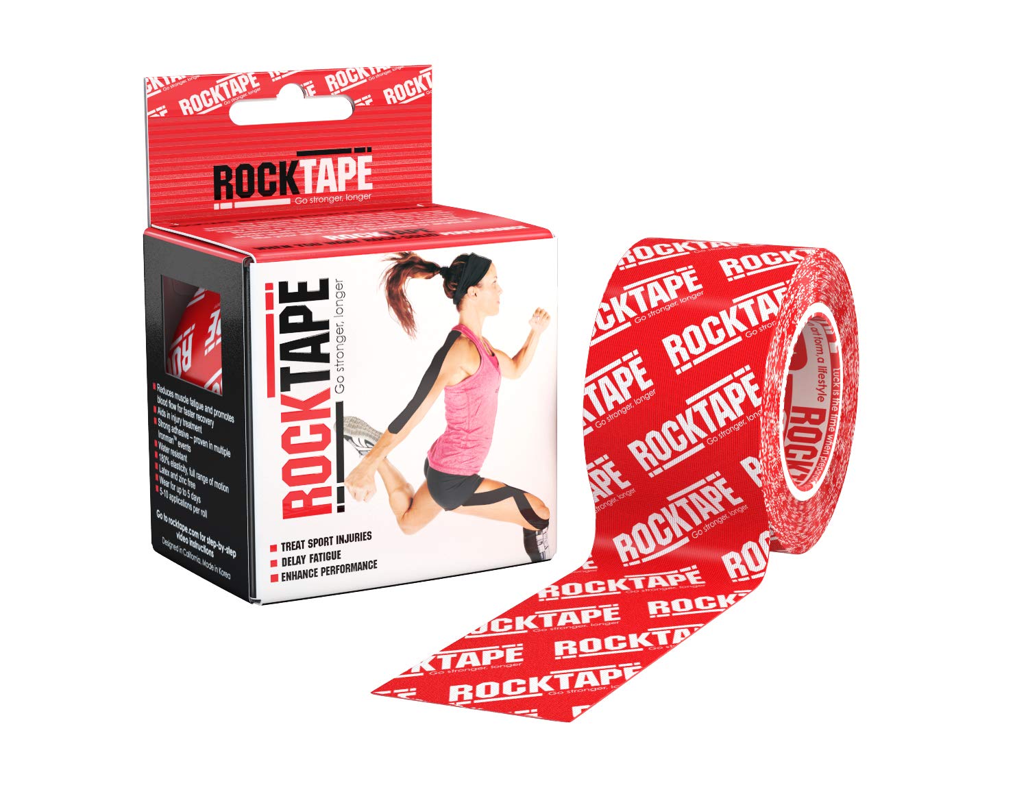 Rocktape Kinesiology Tape Athletes, Water Resistant, Reduce Pain & Injury Recovery, 5cm x 5m, Uncut, Red Logo