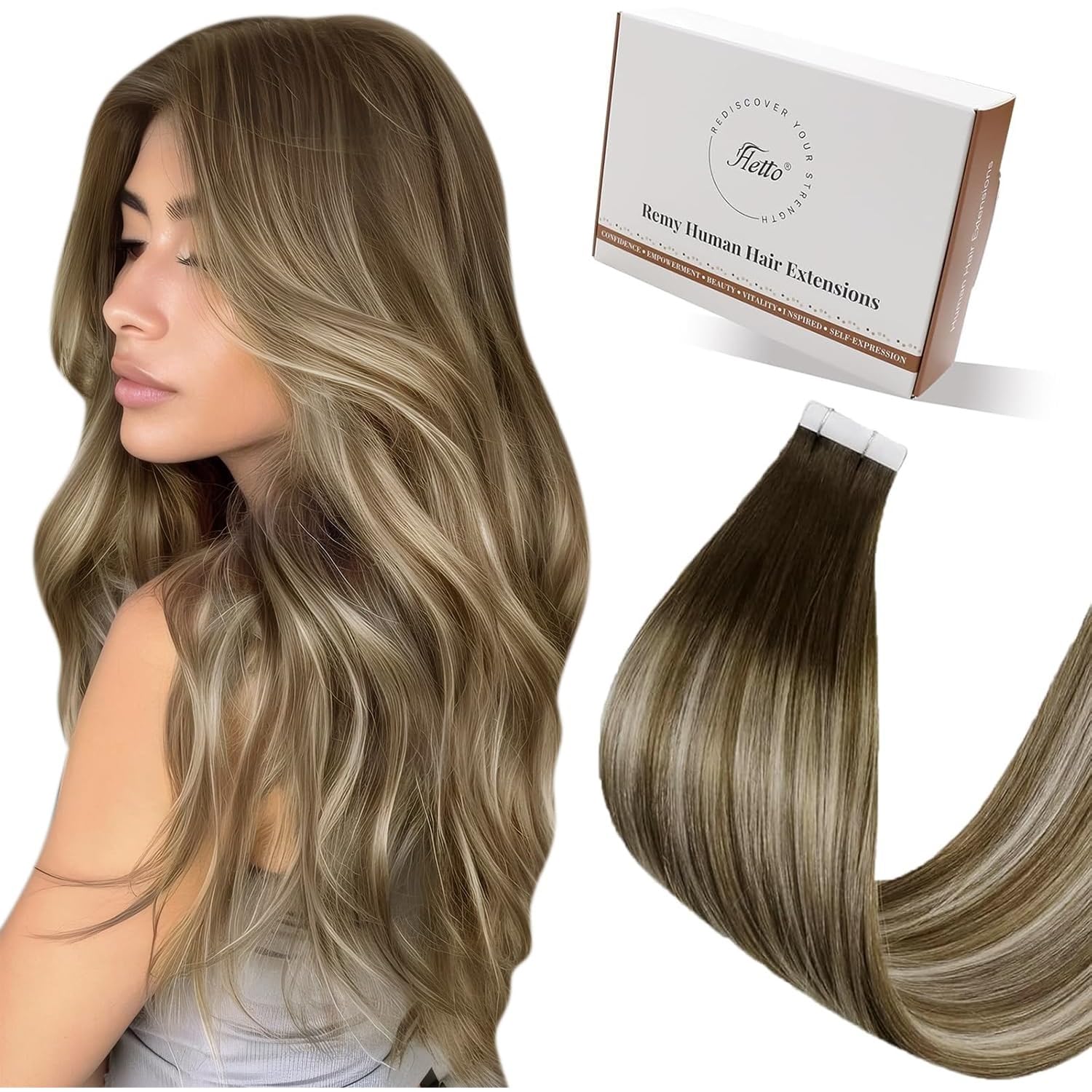 Hetto Tape in Hair Extensions Human Hair Ombre Brown to Blonde 20 Inch - Invisible Lightweight Tape Hair Extensions, Easy Wear Real Human Hair Pieces Seamless 20pcs 50g #3/8/22 — image 1