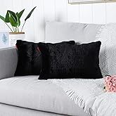MANDIOO Pack of 2 Black Faux Fur Fuzzy Cozy Soft Decorative Throw Pillow Covers Lumbar Set Cushion Cases Pillowcases for Sofa Bedroom Car 12x20 Inches