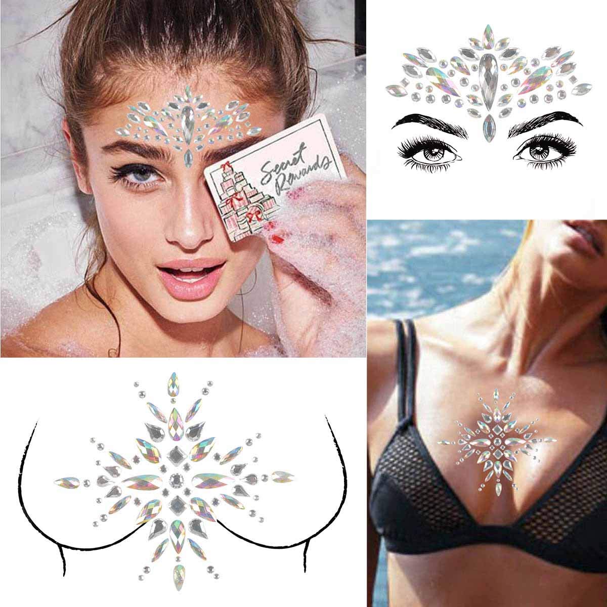 COKOHAPPY 2 Sheet Mermaid Rhinestone Breast & Face Jewels Tattoo - BODY STICKERS Crystal Tears Gem Stones Bindi Temporary Stickers