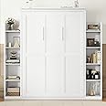 Harper & Bright Designs Full Size Murphy Bed, Wooden Full Murphy Bed Wall Bed with Shelves and LED Lights, White