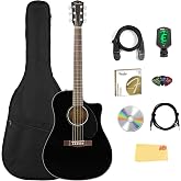 Fender CD-60SCE Solid Top Dreadnought Acoustic-Electric Guitar - Black Bundle with Gig Bag, Cable, Tuner, Strap, Strings, Picks, Austin Bazaar Instructional DVD, and Polishing Cloth