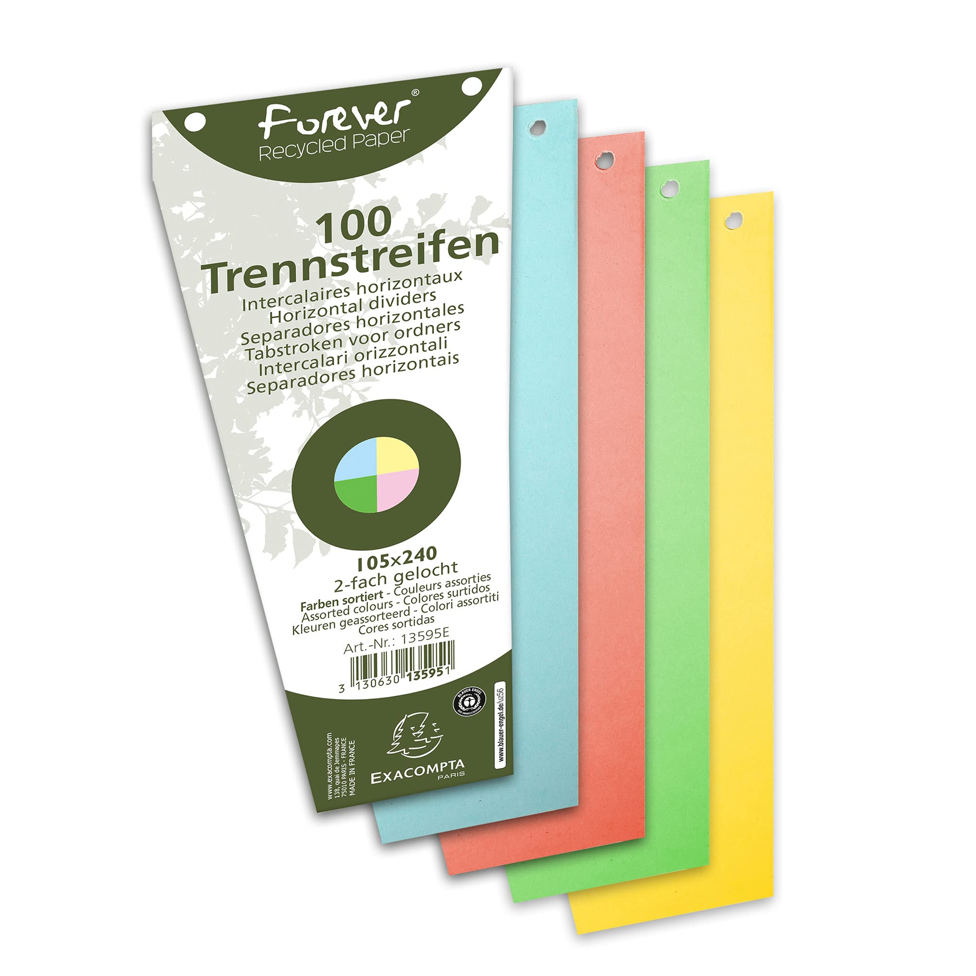 Exacompta - Ref 13595E - Forever Collection - Recycled Punched Card Dividers - 105 x 240mm, Pre-Punched for Folders or Files, Plain Recycled 180gsm Card - Assorted Colours (100 Pack)