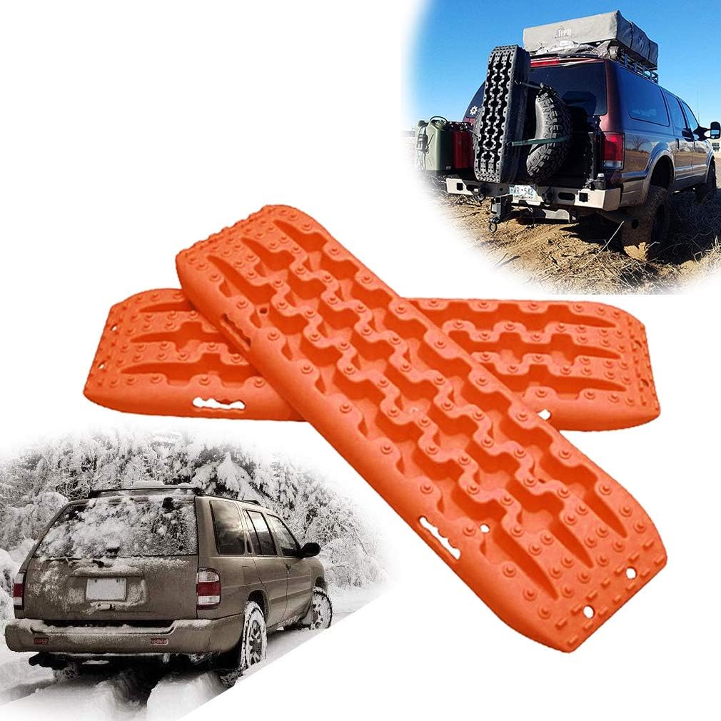 OKLEAD Recovery Board Traction Mat Track Tire Ladder Universal Fit Jeep Pickup SUV Campers 4Wd Off-Road Travel, Resucue for Vehicle Tires Getting Stuck On Sand/Mud/Snow/Rocks Conditions Orange 2 Pack