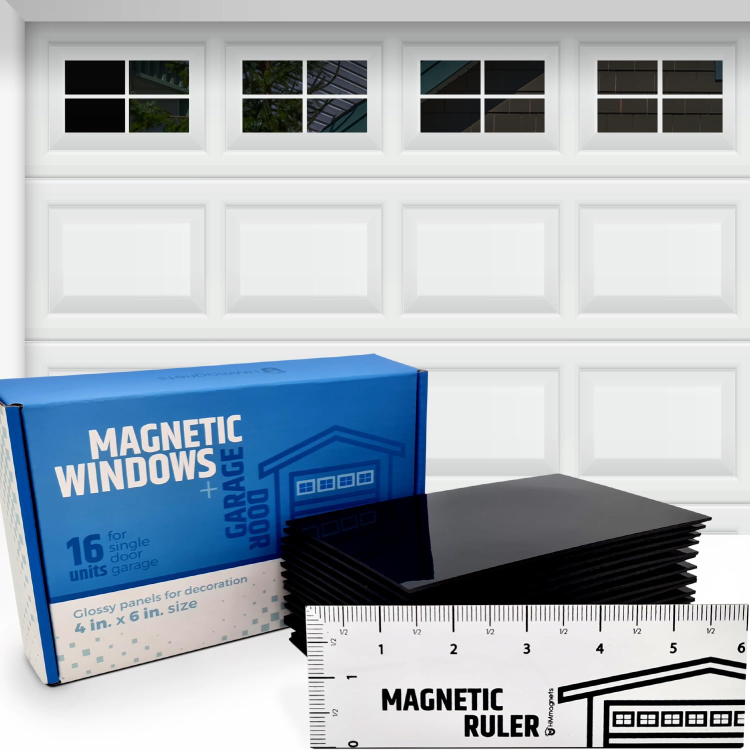 Photo 1 of Strong & Glossy Magnetic Garage Door Windows - Fits 1 Car Garage - Looks Like Real Window Panels/Faux Panes - Decorative Hardware Kit - Easy to Align & Will Never Fall (Upgraded Magnets) | 16pcs 4"X6