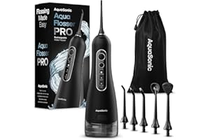 AquaSonic Aqua Flosser PRO - Rechargeable Cordless Water Flosser for Teeth, Gums & Tongue - Modern Design, 300ml Large Tank, 6 Jet Tips with Deluxe Tongue Nozzle, 3 Modes, Waterproof Black