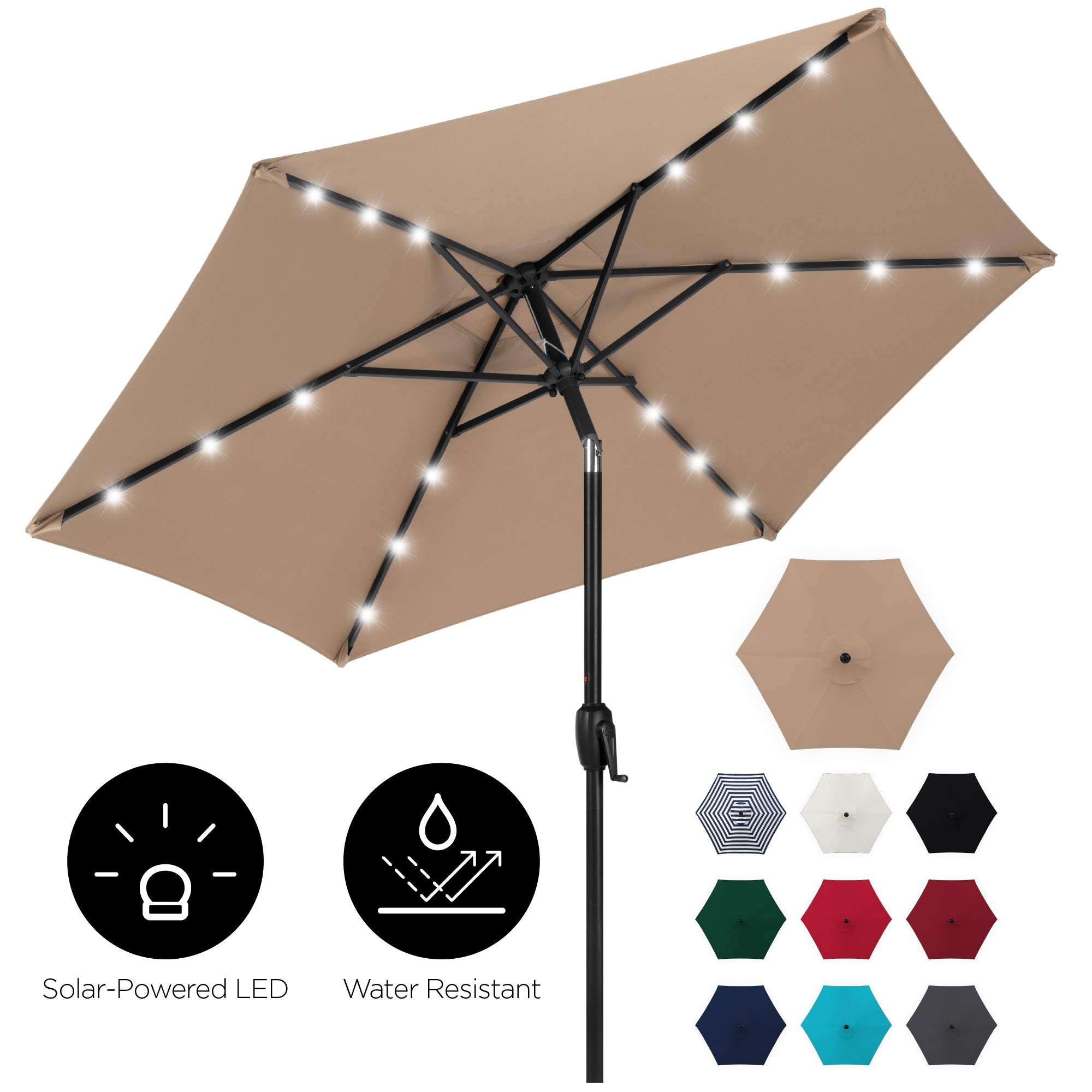 Best Choice Products 7.5ft Outdoor Solar Patio Umbrella for Deck, Pool w/Tilt, Crank, LED Lights - Tan