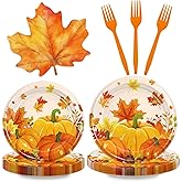 168PCS Thanksgiving Fall Pumpkin Party Supplies Autumn Maple Leaves Party Decorations Harvest Themed Paper Plates Cups Napkins Forks Knives Spoons Tableware for Birthday Baby Shower Wedding 24 Guests