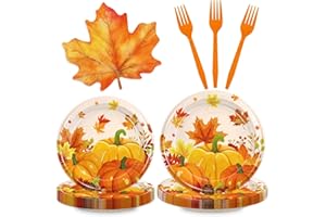 GRABNGOPARTY 96PCS Fall Pumpkin Party Supplies Autumn Maple Leaves Party Decorations Harvest Themed Paper Plates Cups Napkins Forks Tableware for Birthday Baby Shower Wedding 24 Guests