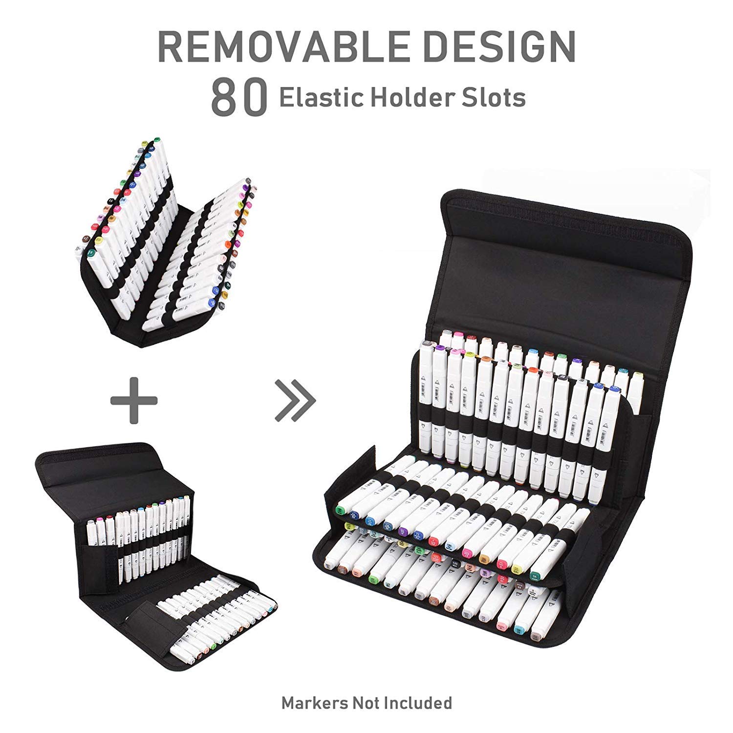 80 Slots Marker Pen Case, Large Capacity Folding, Extendable Foldable Hook, Marker Carrying Bag, Art Markers Pen Storage Durable Sketch Tools Organizer for Permanent Paint Marker (Black)