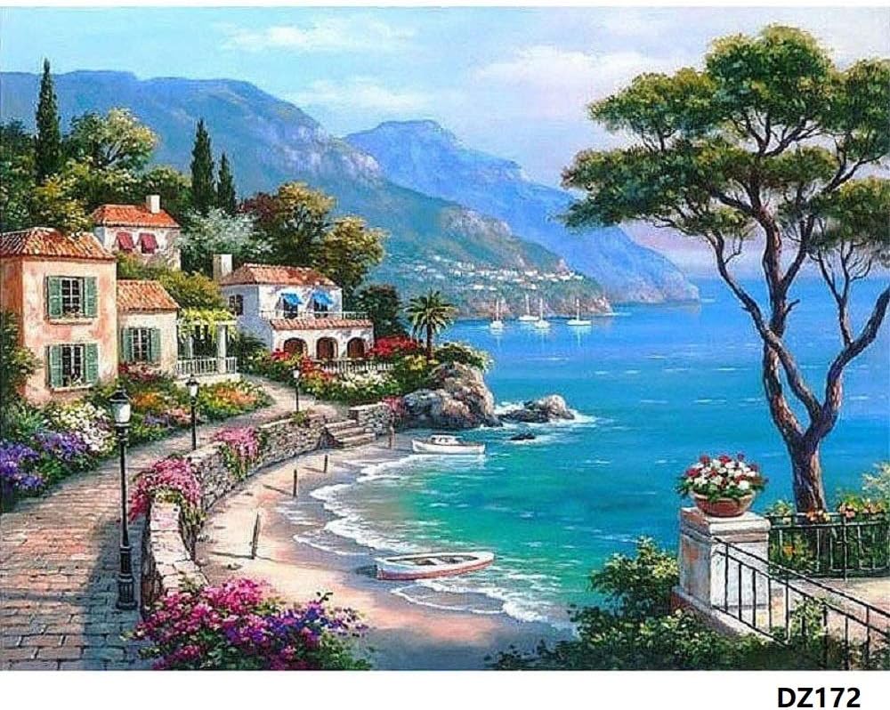 Diy Oil Painting Paint by Number Kit with Scenery Peaple 16x20inch (Wooden frame, Mediterranean