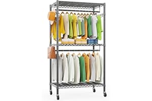 LEHOM G1M Heavy Duty Clothes Rack, 3 Tiers Rolling Garment Rack for Hanging Clothes, Adjustable Wire Clothing Rack with Storage Shelves, Lockable Wheels Freestanding Closet Wardrobe for Bedroom