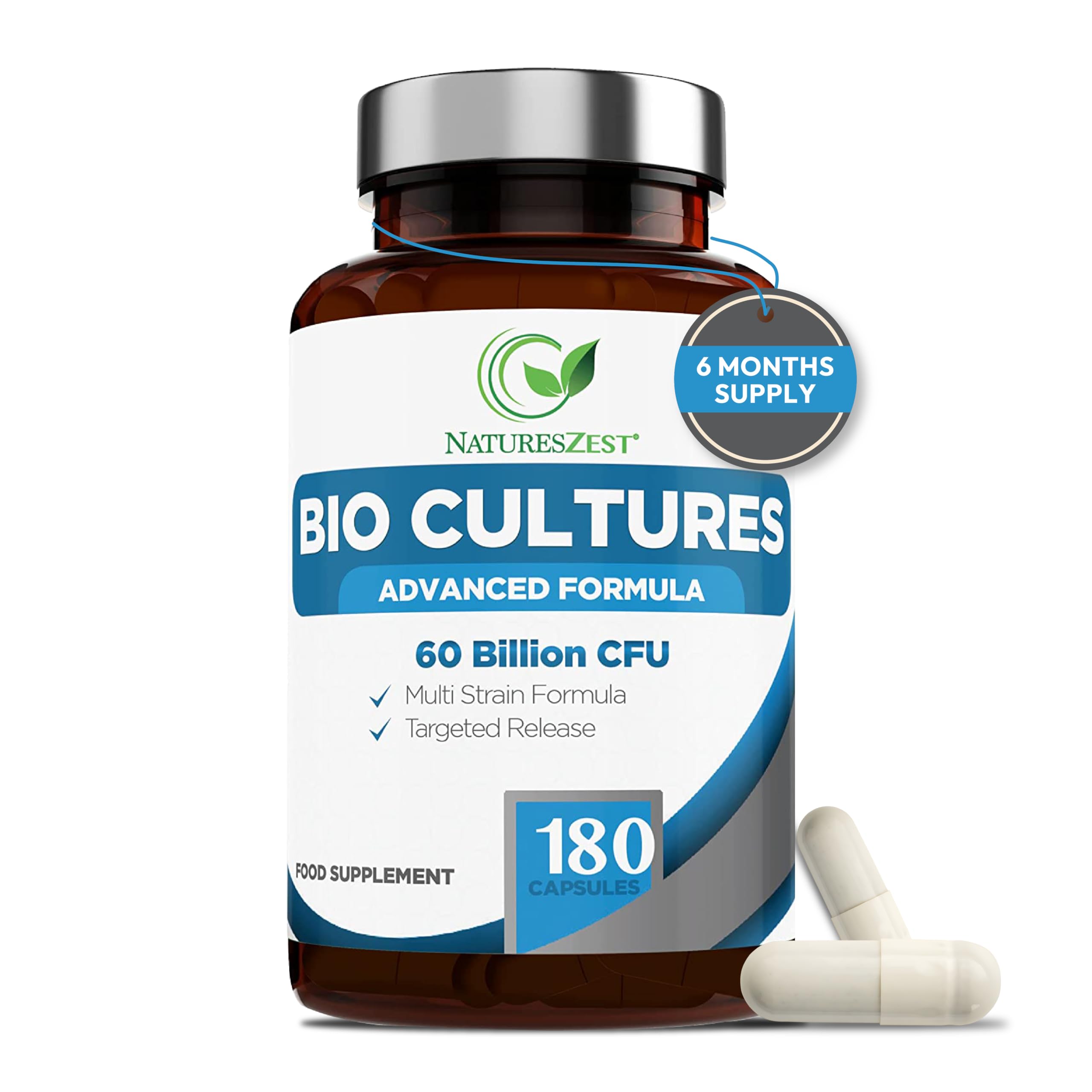 Bio Cultures Complex Probiotics & Prebiotics 60 Billion CFU – 6 Month Supply - for Gut Health with Lactobacillus Rhamnosus - for Women and Men - 180 Vegan Capsules